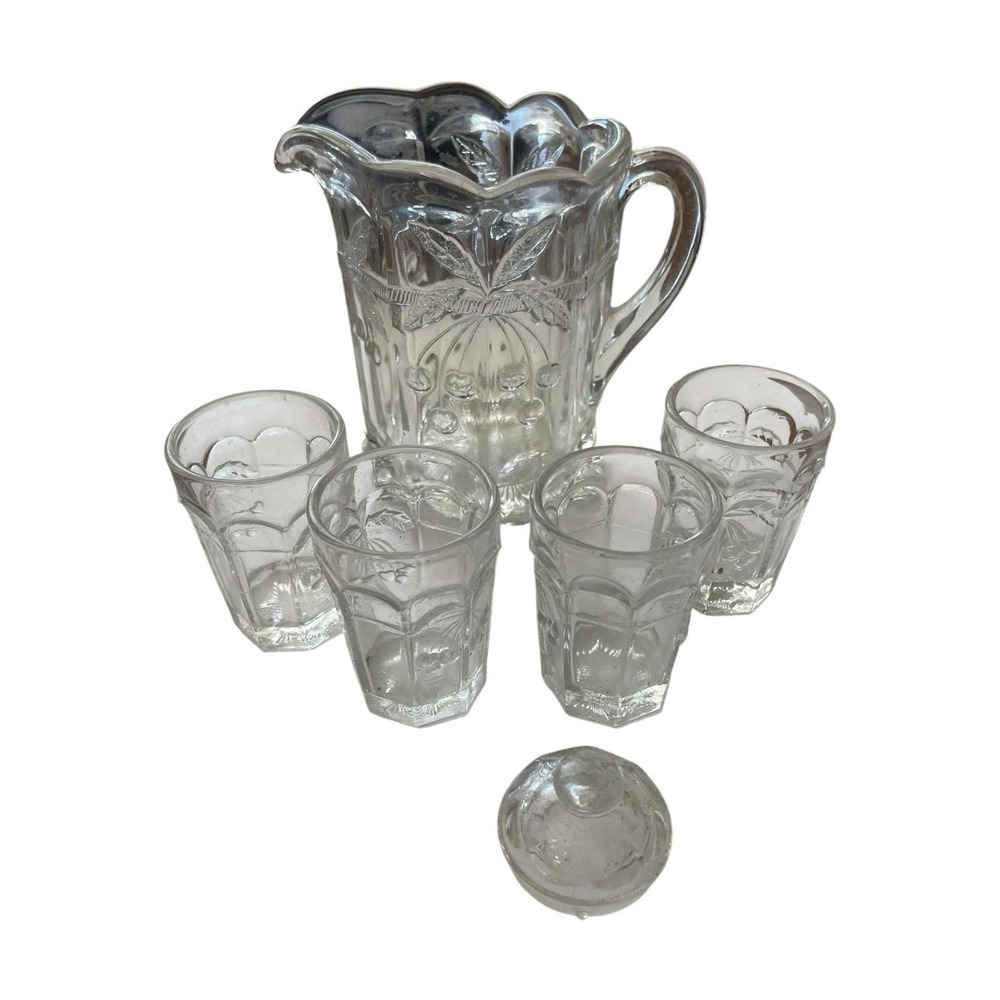 Mosser Glass Clear Pressed Miniature Pitcher & 4 Tumbler Set Child's Water Set